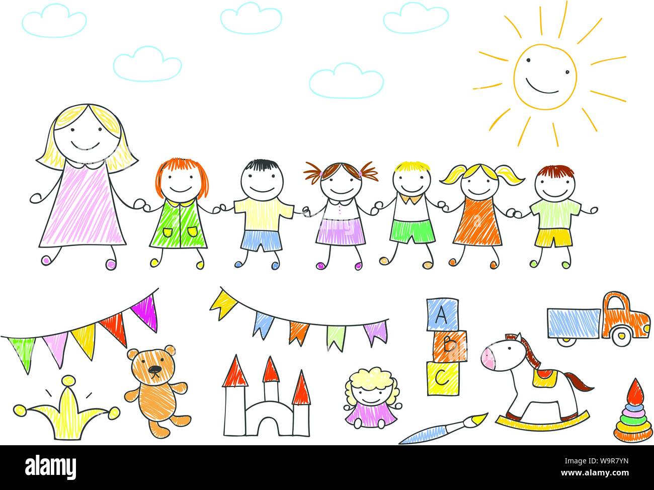Vector illustration with happy pupils and teacher. Kindergarten teacher walking outdoor with kids holding hands. Sketch in doodle style Stock Vector
