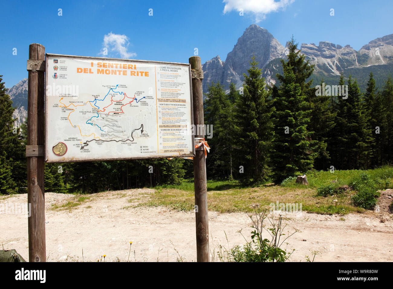 tourist sign for hiking, Cibiana di Cadore, province Belluno, Veneto, Italy, Europe Stock Photo