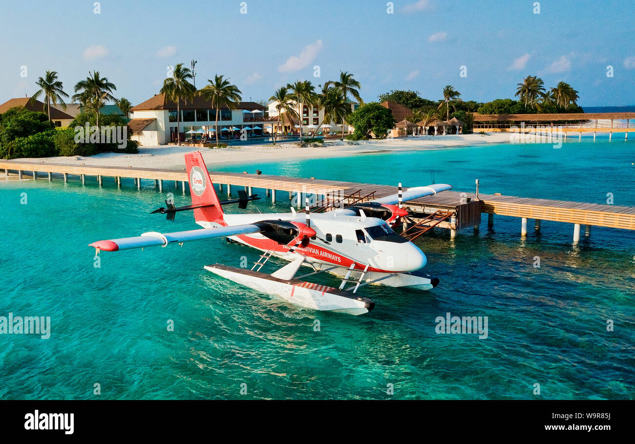 Maldives Island of Filaidhoo, water plane at jetty, Raa Atoll, Maldives, Indian Ocean, Asia, Filaidhoo Stock Photo