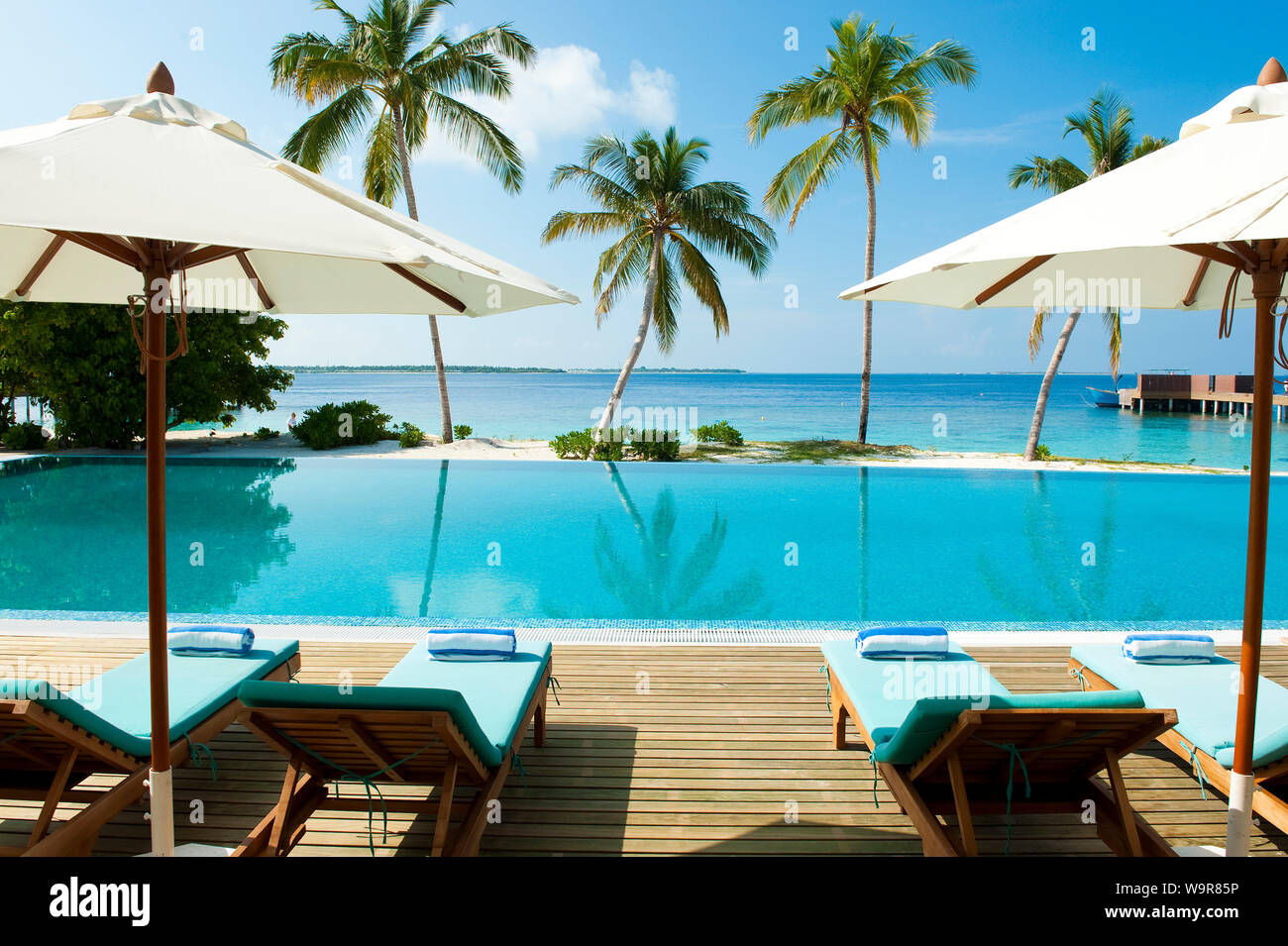 Maldives Island of Filaidhoo, open air swimming pool, pool area, Raa Atoll, Maldives, Asia, Filaidhoo Stock Photo
