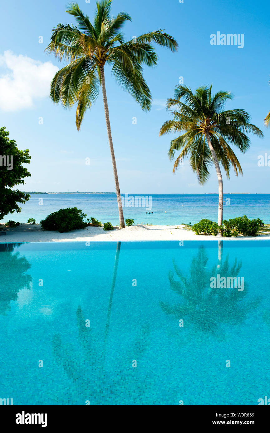 Maldives Island of Filaidhoo, open air swimming pool, pool area, Raa Atoll, Maldives, Asia, Filaidhoo Stock Photo