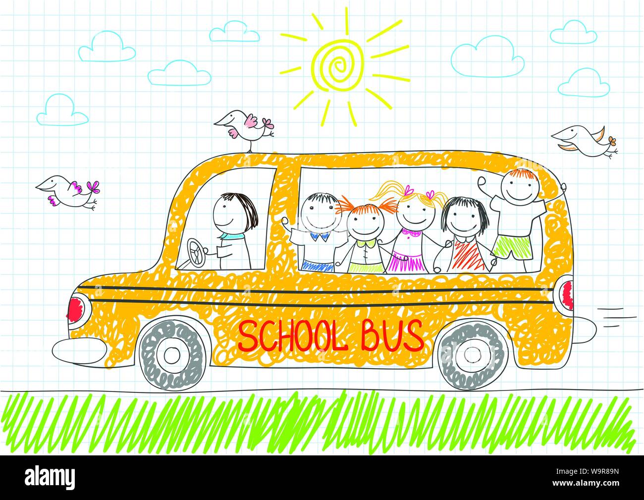 Happy Children In Yellow School Bus Smiling Girls And Boys