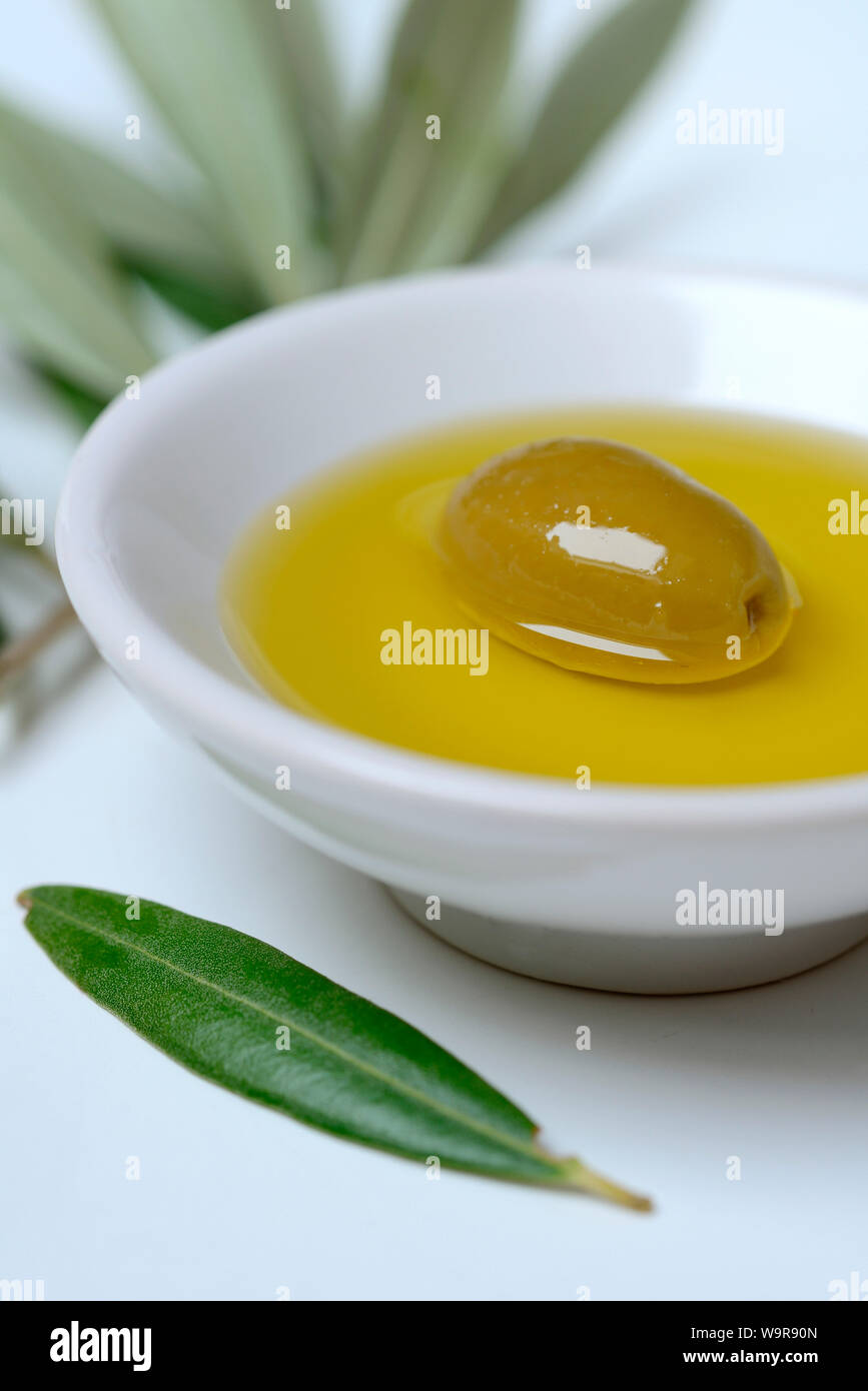 gruene Olive in Schale mit Olivenoel, Olea spec., Chalkidiki-Oliven, Griechenland Stock Photo