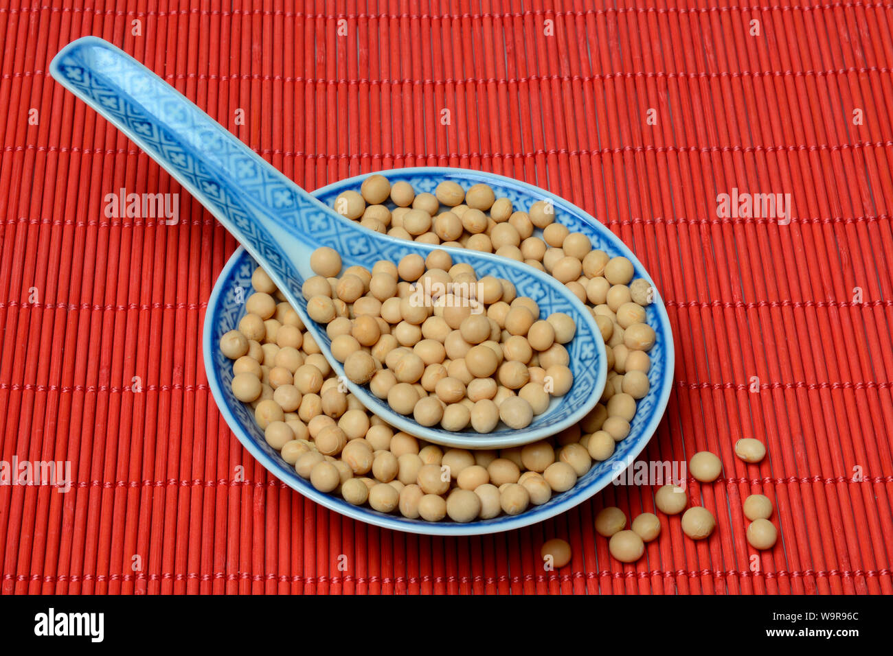 soy beans in bowl, Glycine max Stock Photo