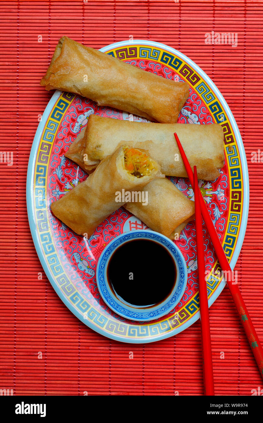 spring rolls and soy sauce Stock Photo