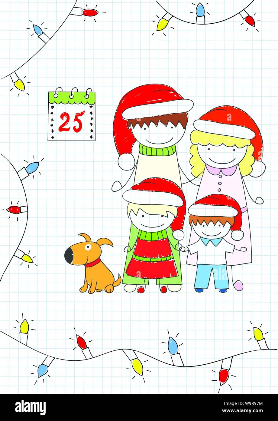 Happy family - mom, dad and two children, dog and Christmas garland ...