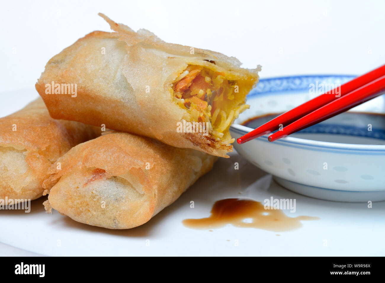 spring rolls and soy sauce Stock Photo
