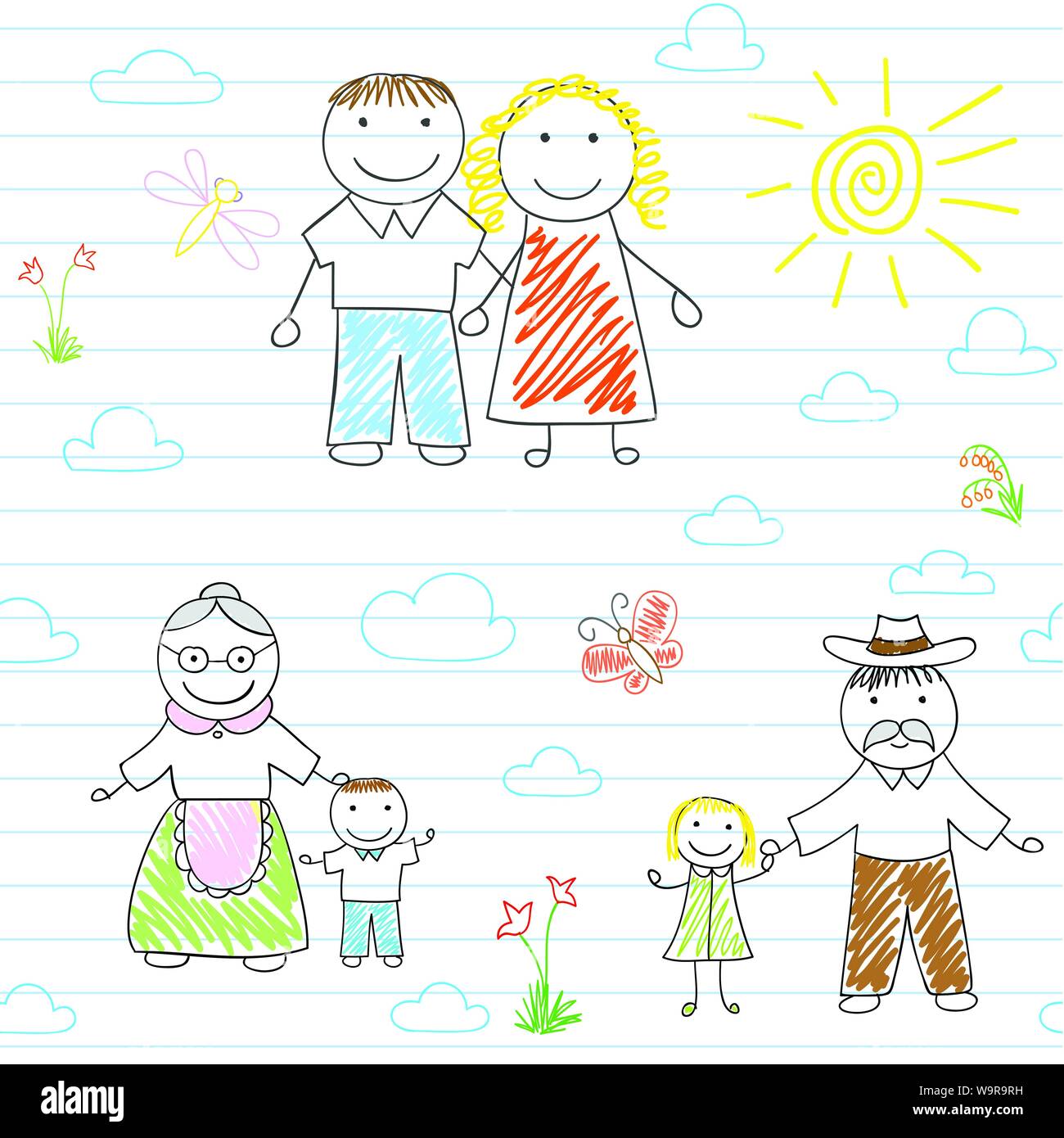 Seamless background with happy family - mother, father, son, daughter ...