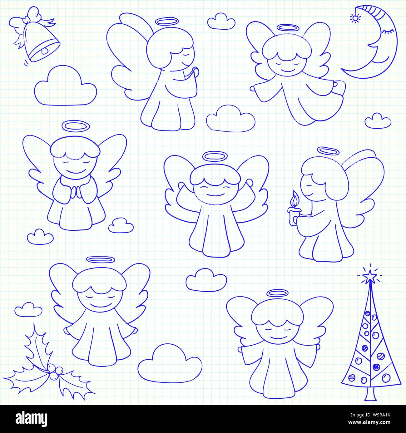 Set of vector Christmas angels and ornaments in doodle style (included xmas tree;  mistletoe; angels; bell;  pine; crescent, clouds). Can be used for Stock Vector