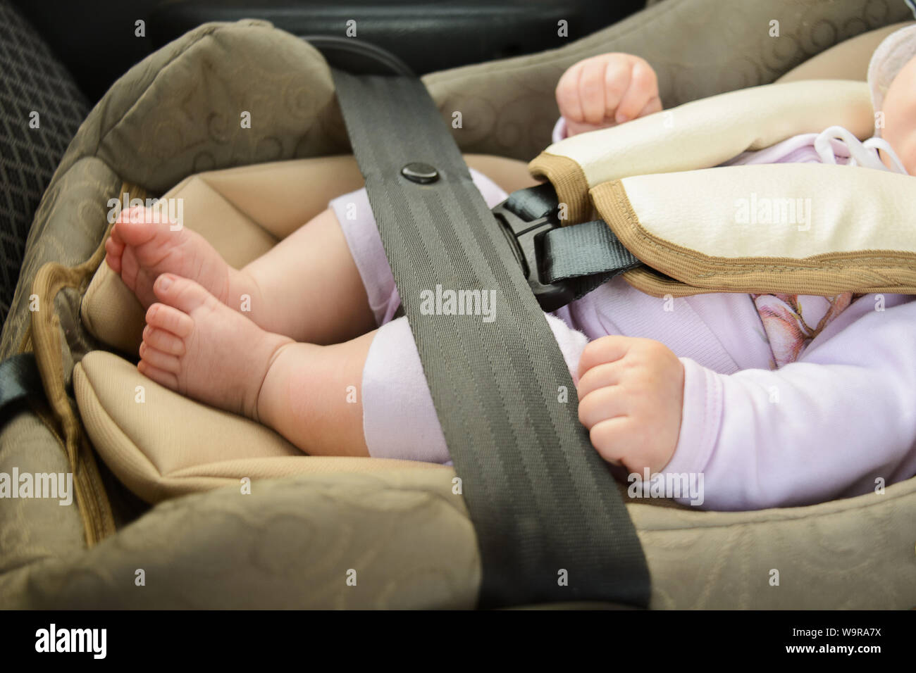 Safety concept, protection of child in travel, children feet in baby seat. Small newborn baby sitting in special car seat with safety seatbelts Stock Photo