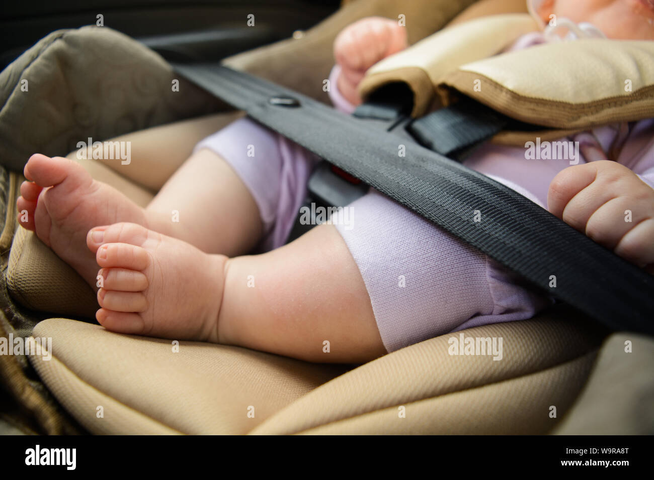 Safety concept, protection of child in travel, children feet in baby seat. Small newborn baby sitting in special car seat with safety seatbelts Stock Photo