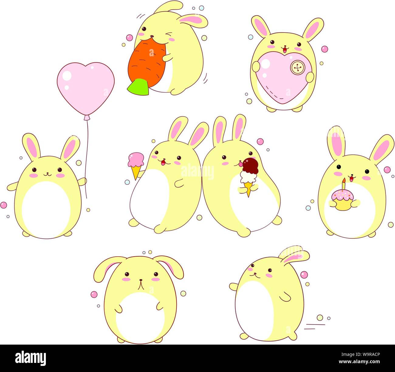 Collection of cute rabbits with different emotions in kawaii style Stock Vector