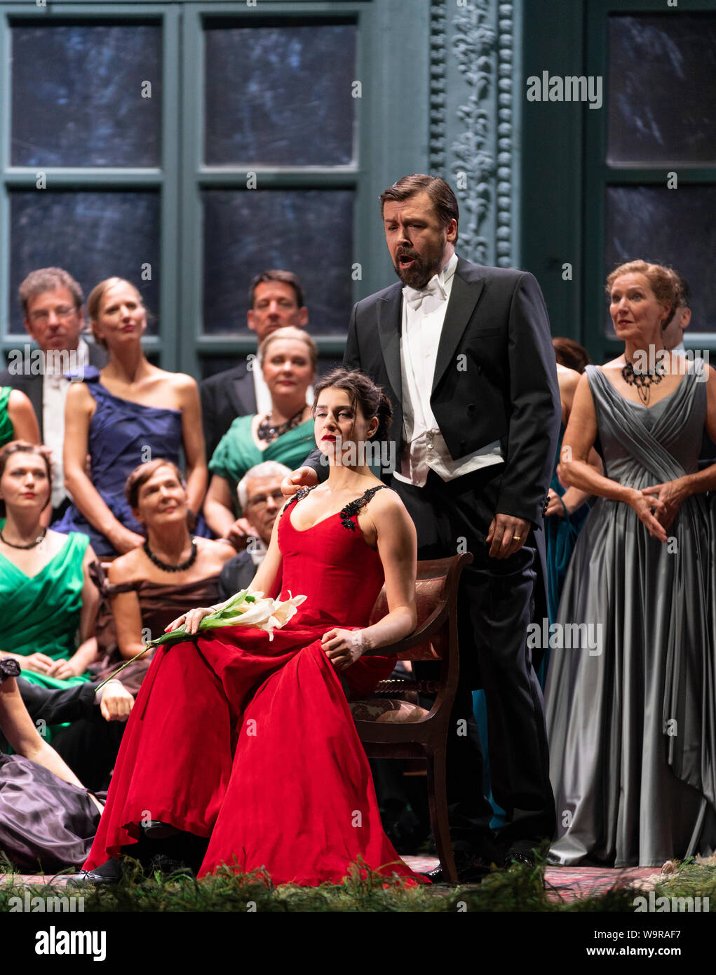 Edinburgh, Scotland, UK. 14 August 2019. Preview performance of Tchaikovsky’s opera Eugene Onegin by the Komische Oper Berlin in the Festival Theatre as part of the Edinburgh International Festival.  Komische Oper Berlin return to the International Festival for Tchaikovsky’s best-loved opera, based on Alexander Pushkin’s classic verse novel. Tchaikovsky’s heart-breaking love story uses the author’s poetry to create lyrical scenes that contrast the austerities of country life with the excesses and opulence of the Russian imperial court. Iain Masterton/Alamy Live News Stock Photo