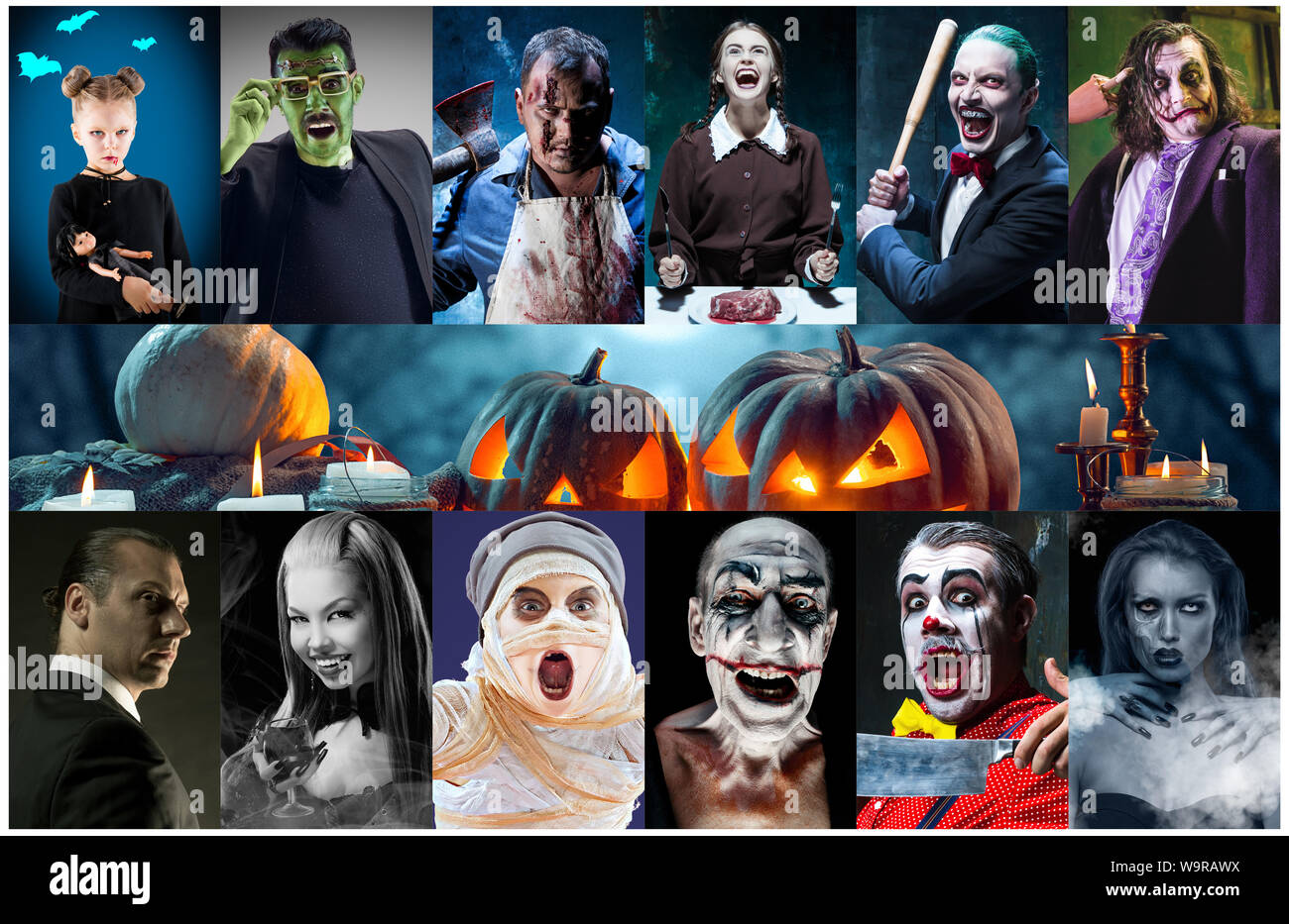 Mystical characters in nightly creative collage made of different photos of 9 models. Concept of horror, Halloween. Pumpking with the candle indside. Witches, demons, murderers. Autumn's tradition. Stock Photo