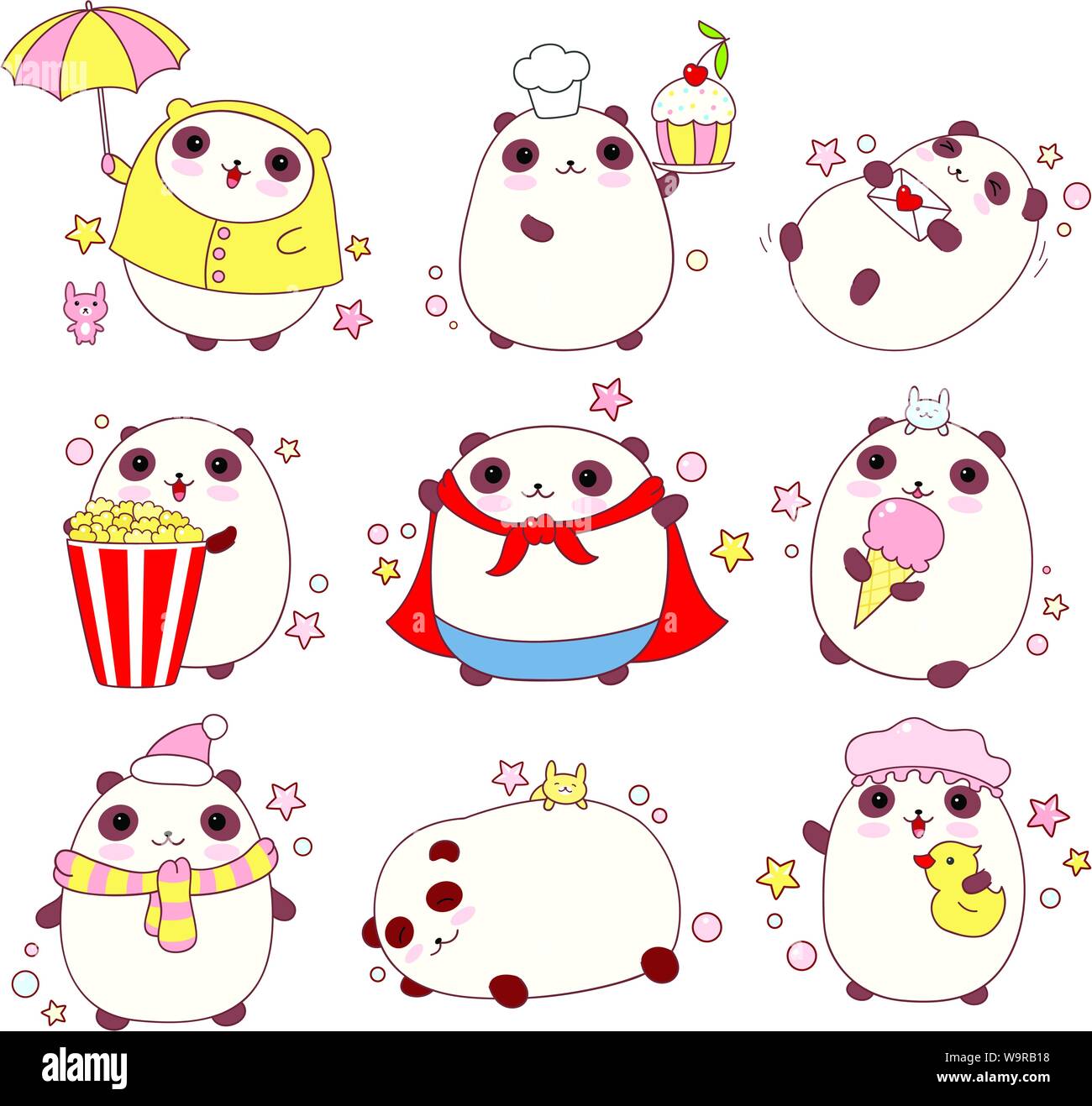 Collection of cute pandas in different situations (sleeping, eating, bathing, walking outdoor) and costumes (chef, superhero), in kawaii style Stock Vector