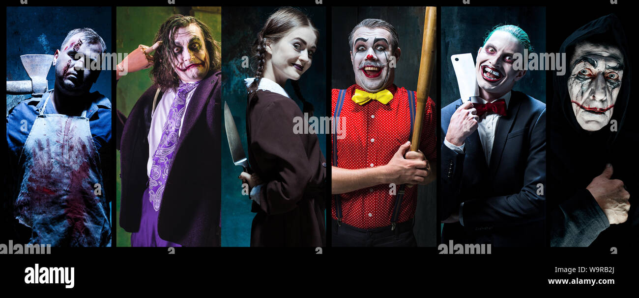 Mystical characters in nightly creative collage. Concept of horror, Halloween time. Dangerous vampire, mad monsters. Witches, demons, murderers. Celebrating autumn's tradition. All Hallows' Eve. Stock Photo
