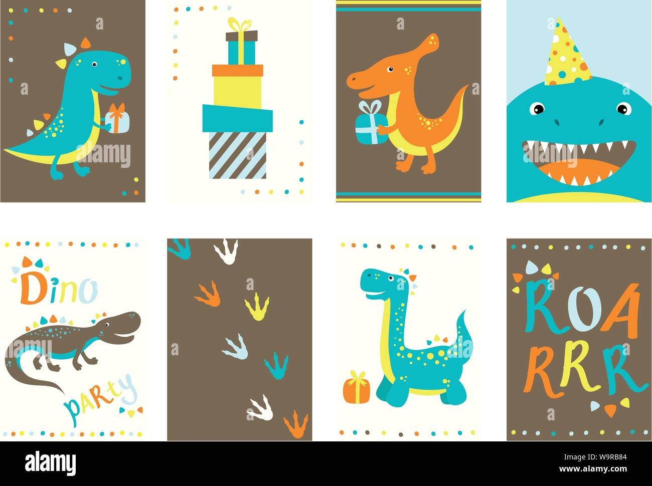 Set Of Birthday Banner Background Flyer Placard With Cute Dinos