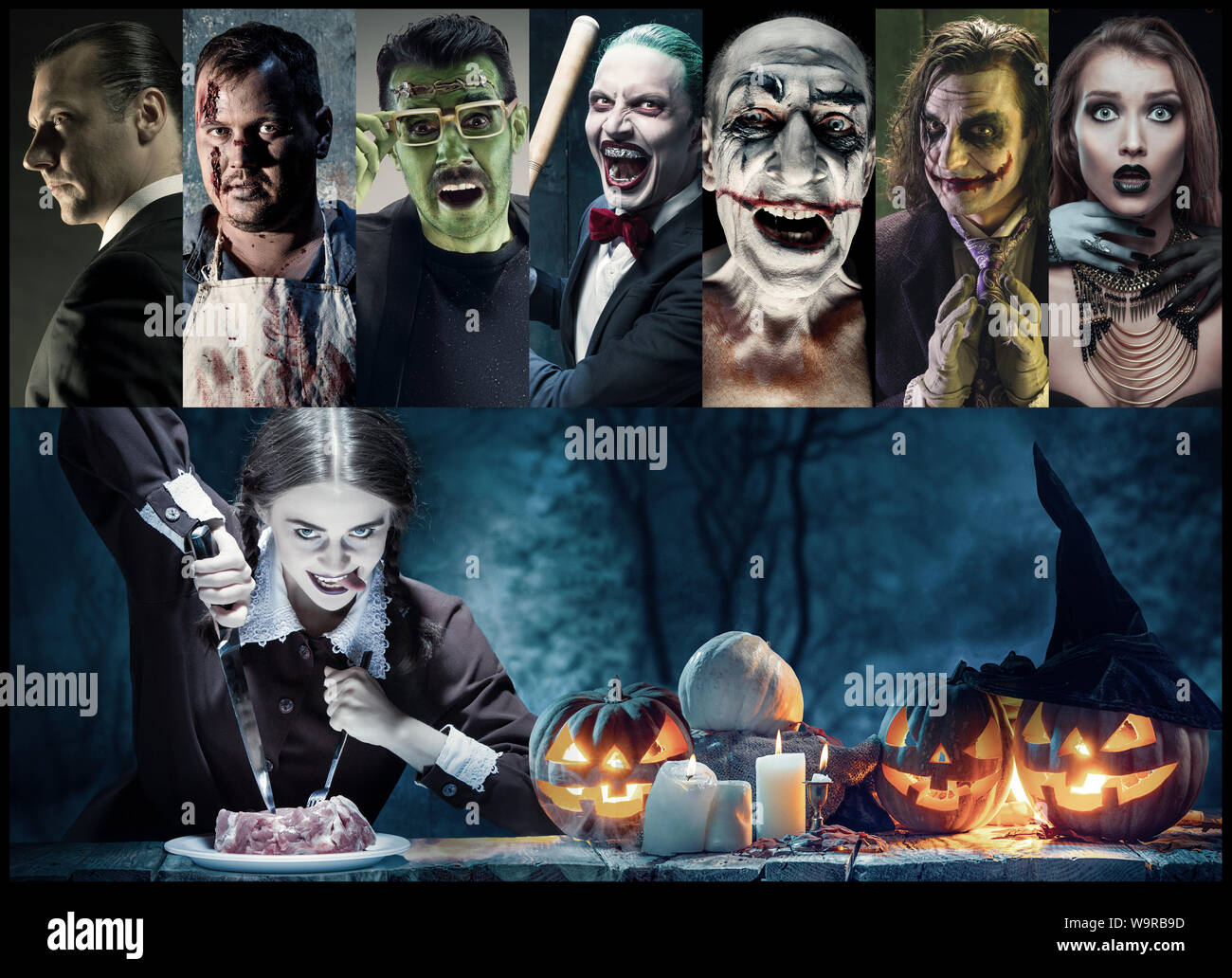 Mystical characters in nightly creative collage made of different photos of 7 models. Concept of horror, Halloween. Pumpking with the candle indside it. Witches, demons, murderers. Autumn's tradition. Stock Photo