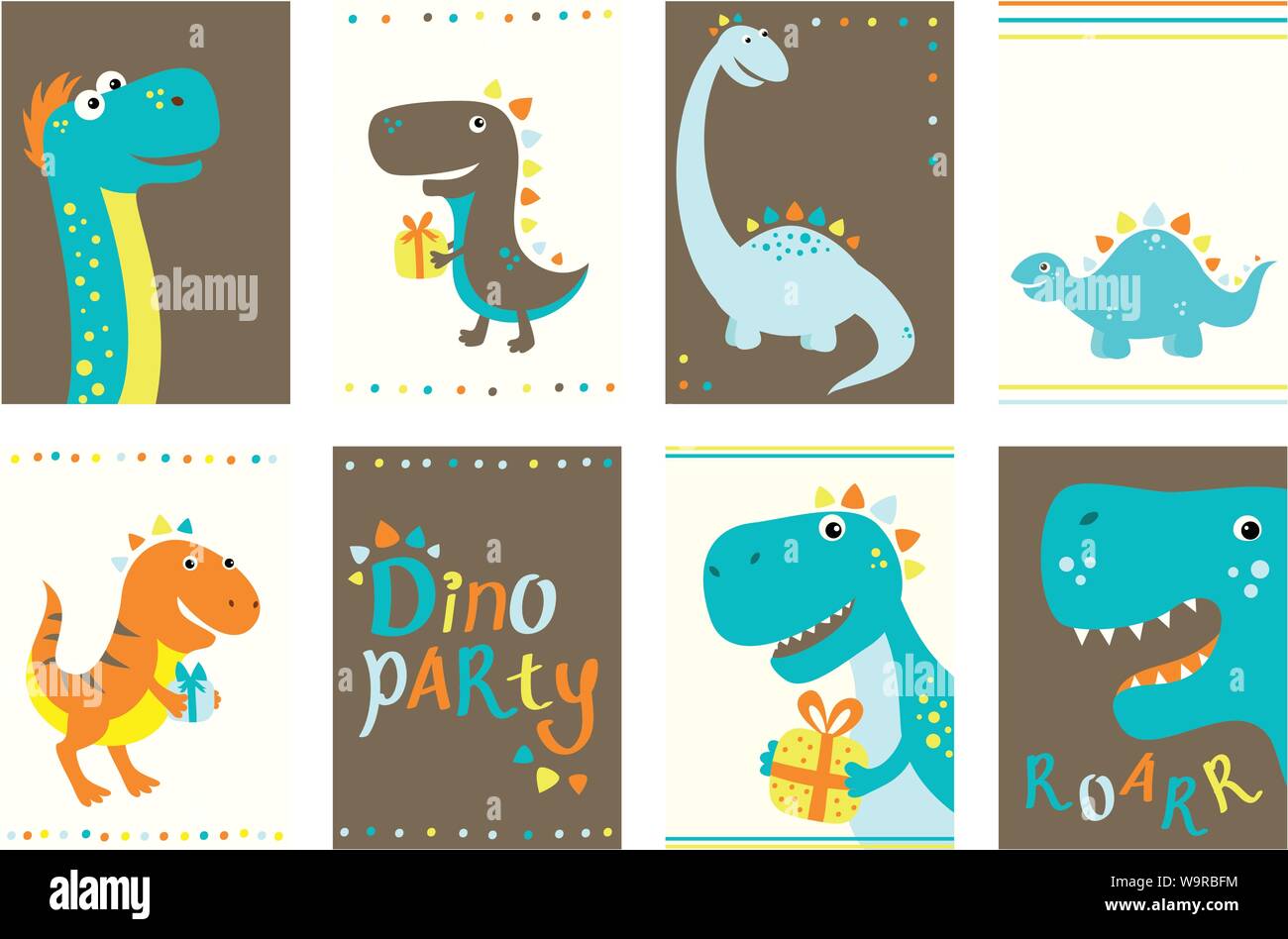 Set Of Birthday Banner Background Flyer Placard With Cute Dinos Birthday Posters And Stickers Vector Template Card For Greeting Decoration Cong Stock Vector Image Art Alamy