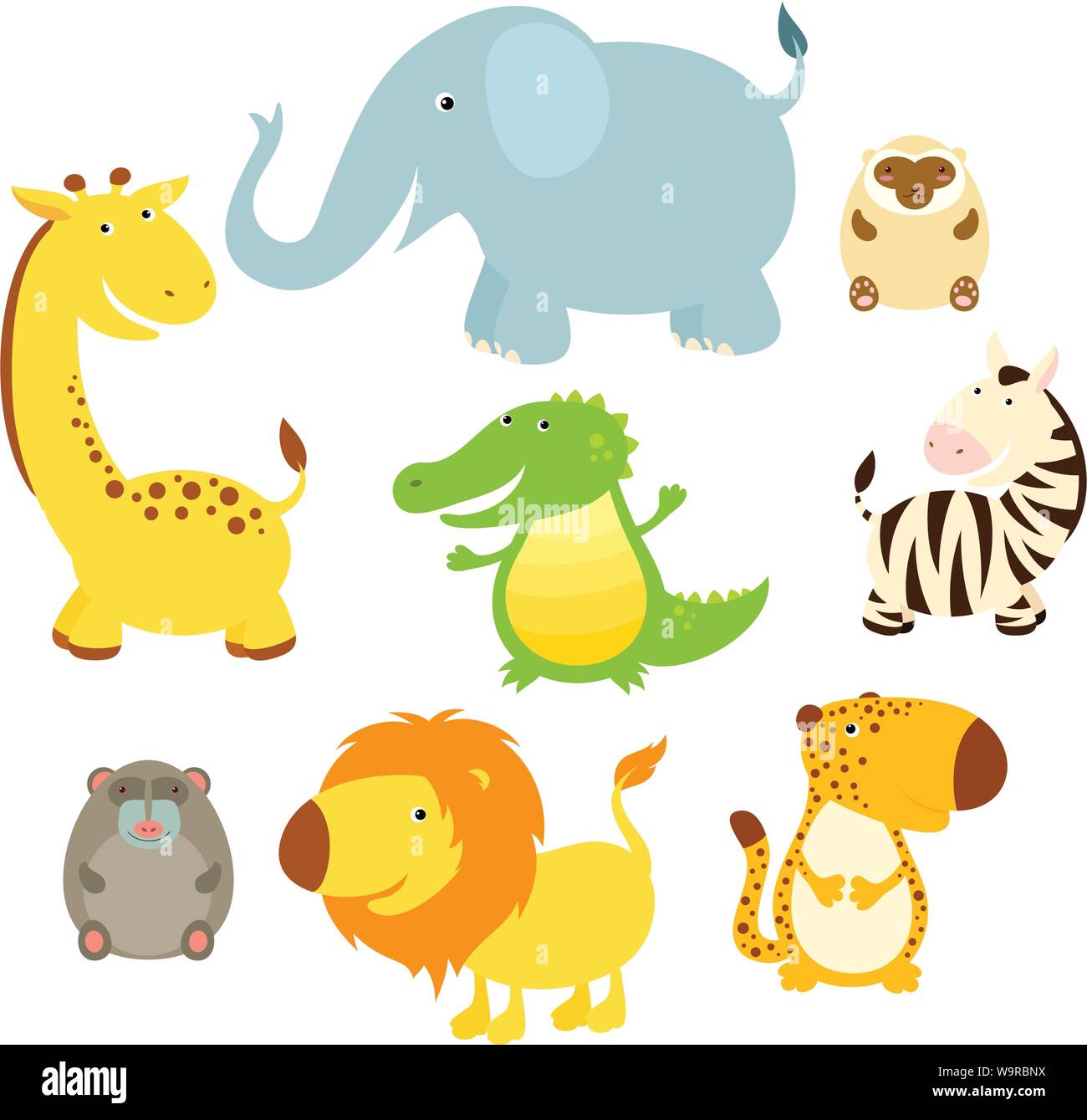 Set of cute cartoon african animals. Giraffe, crocodile, zebra, monkey,  hamadryle, elephant, leopard, lion, cheetah. EPS8 Stock Vector Image & Art  - Alamy