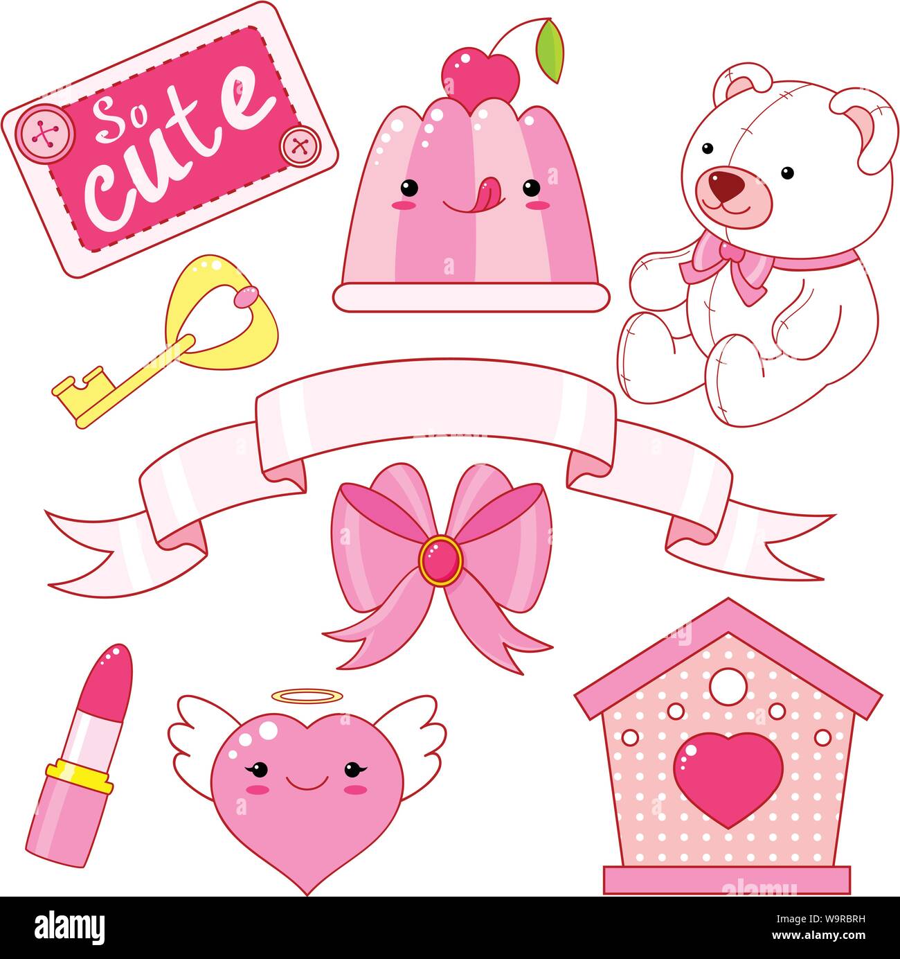 Cute little princess sticker set - Teddy bear, heart, lipstick, jelly with cherry, bow, key, ribbon, inscription so cute. EPS8 Stock Vector