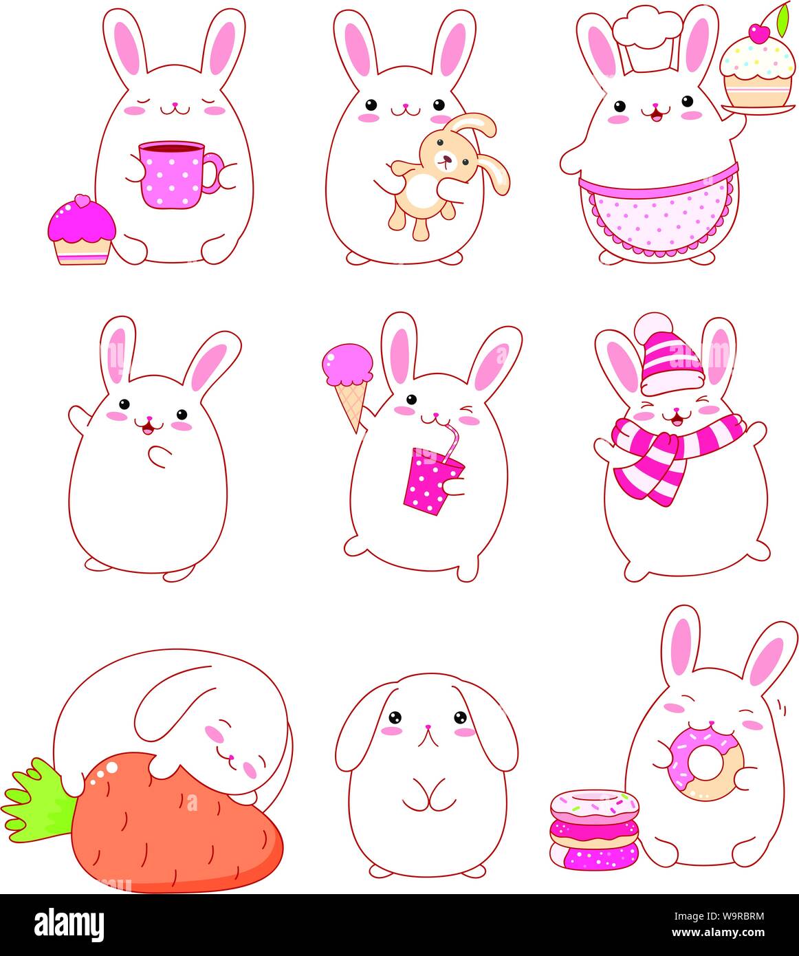 Set of cute rabbits in kawaii style. Funny, happy, laughing, sleeping, sad, running, eating, with cake, with letter, with donuts, ice cream and a glas Stock Vector