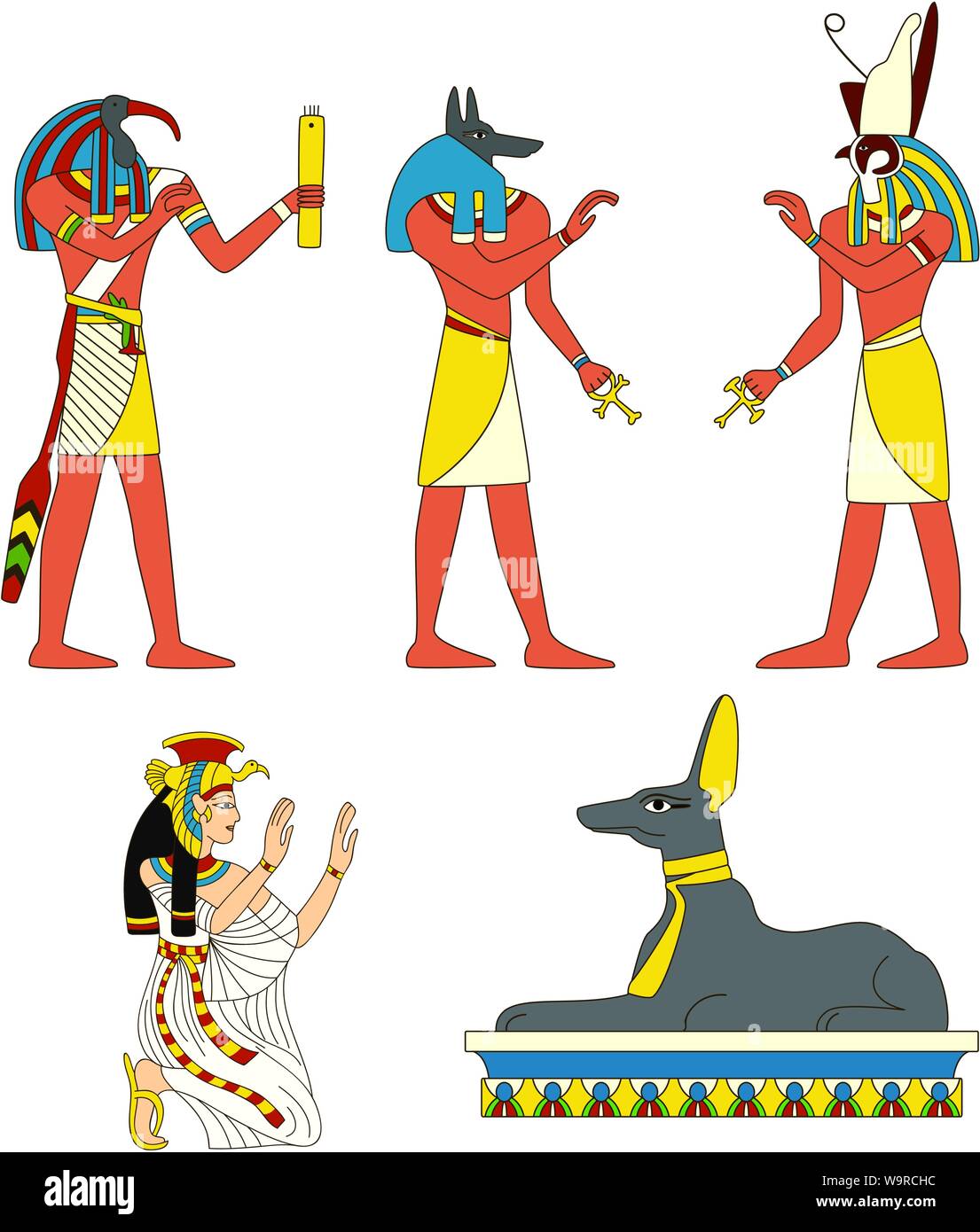 Collection of ancient Egyptian gods images, Thoth, Horus, Isis, Anubis, Anubis in the form of a jackal. EPS8 Stock Vector