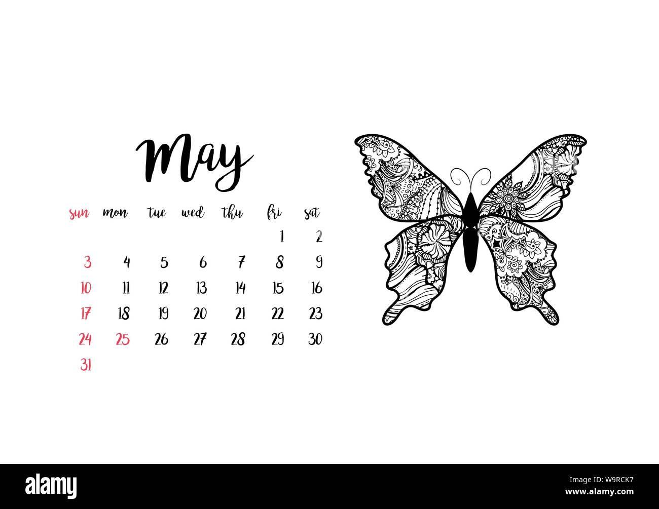 Monthly desk calendar horizontal template 2020 for month May. Week