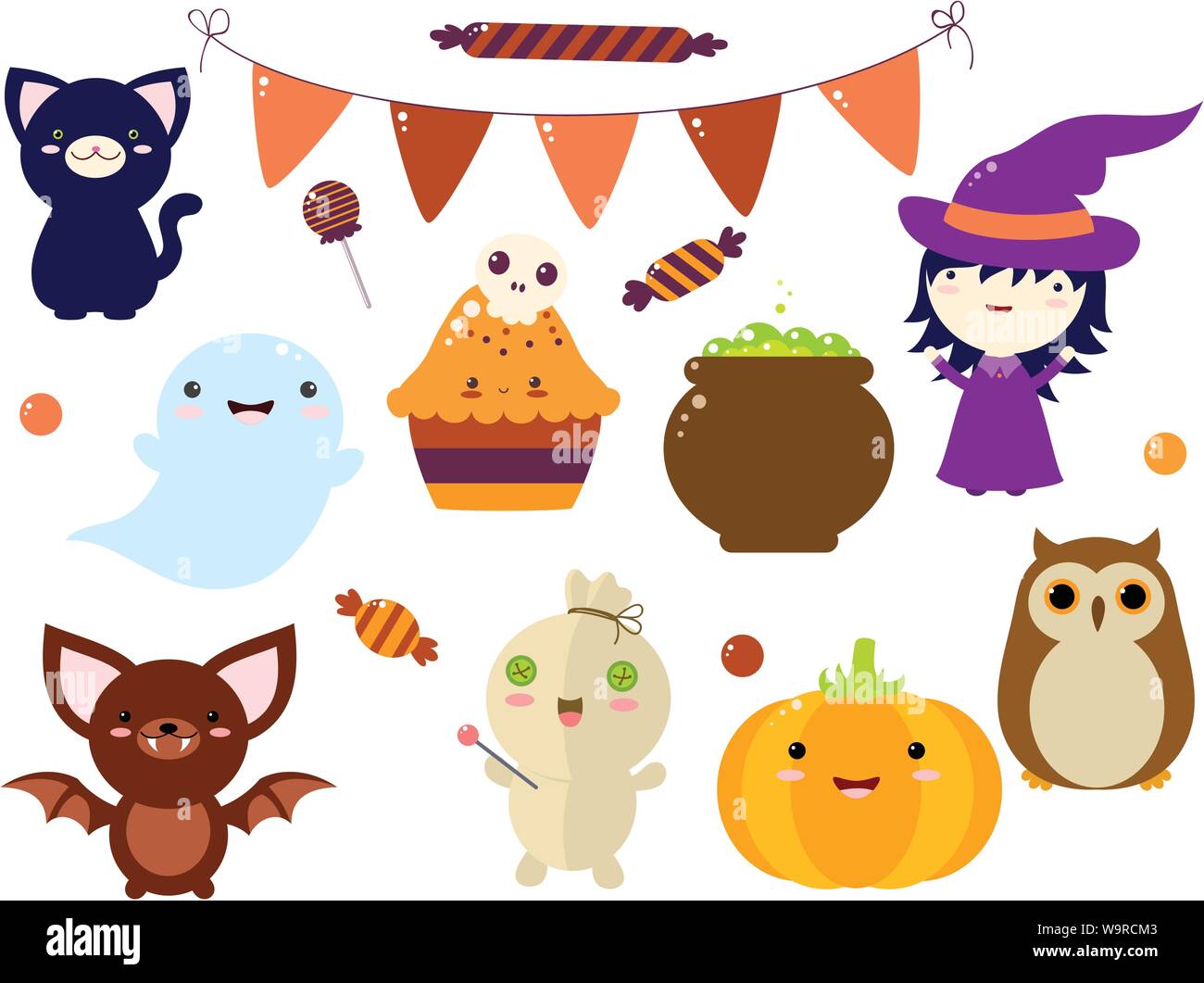 Set of cute Halloween characters and ornaments - witch, black cat, candy, flags, pumpkin, bat, witch's pot, cake with a sugar skull, owl, ghost, voodo Stock Vector