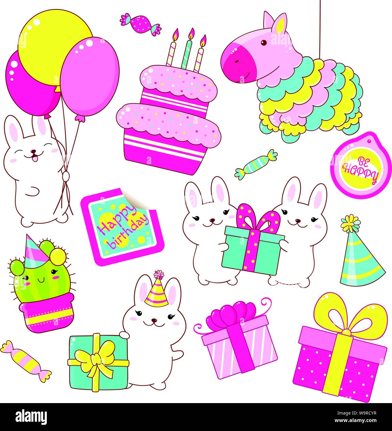 Set Of Cute Birthday Party Icons In Kawaii Style Rabbit With Gift And Balloons Cake With Candles Pinata Stack Of Gifts Candy Balloons Sticker W Stock Vector Image Art Alamy