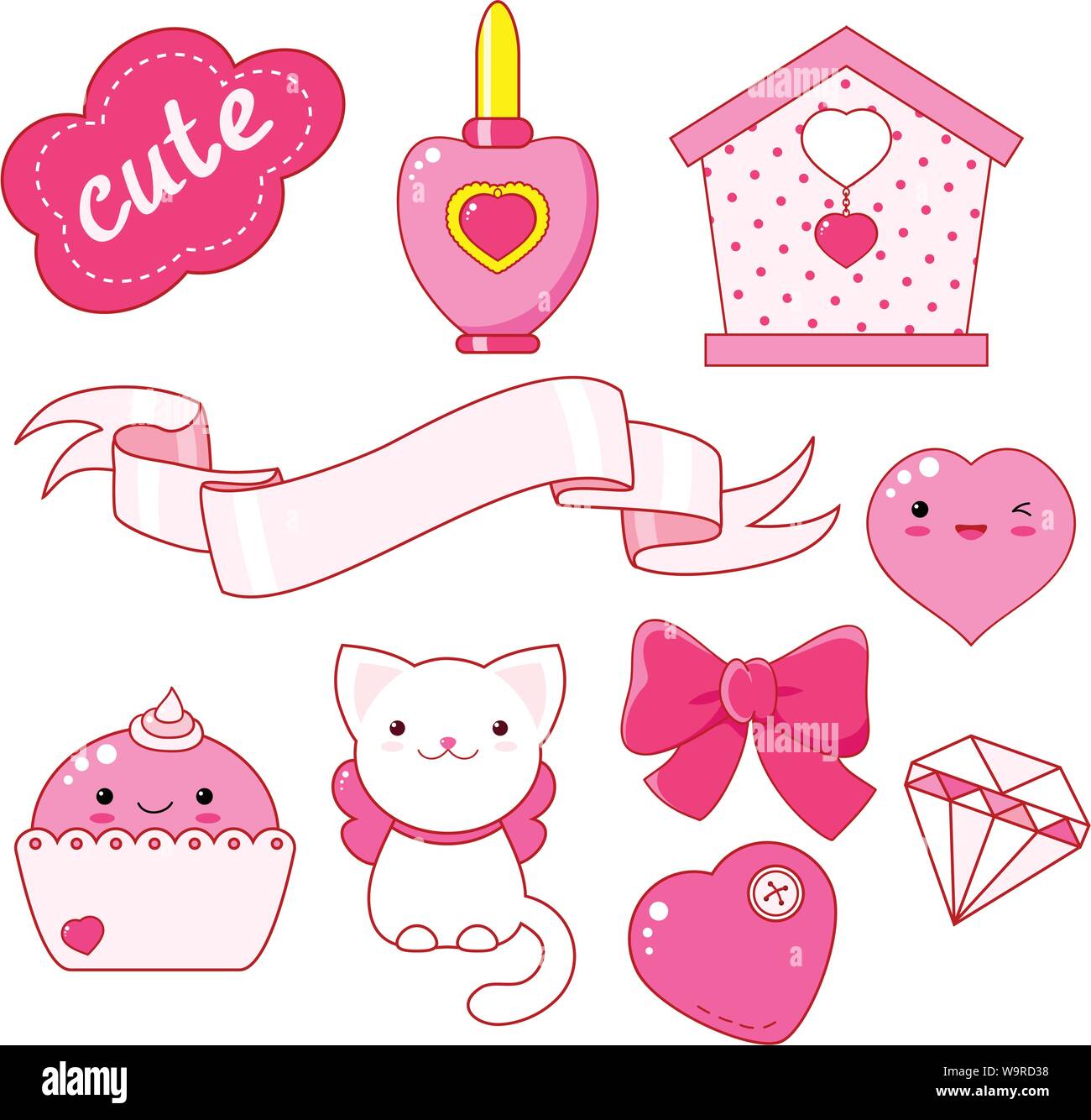 Cute little princess sticker set - cat, heart, nail polish, cupcake, bow, diamond, small house, ribbon, inscription so cute. In pink color. EPS8 Stock Vector