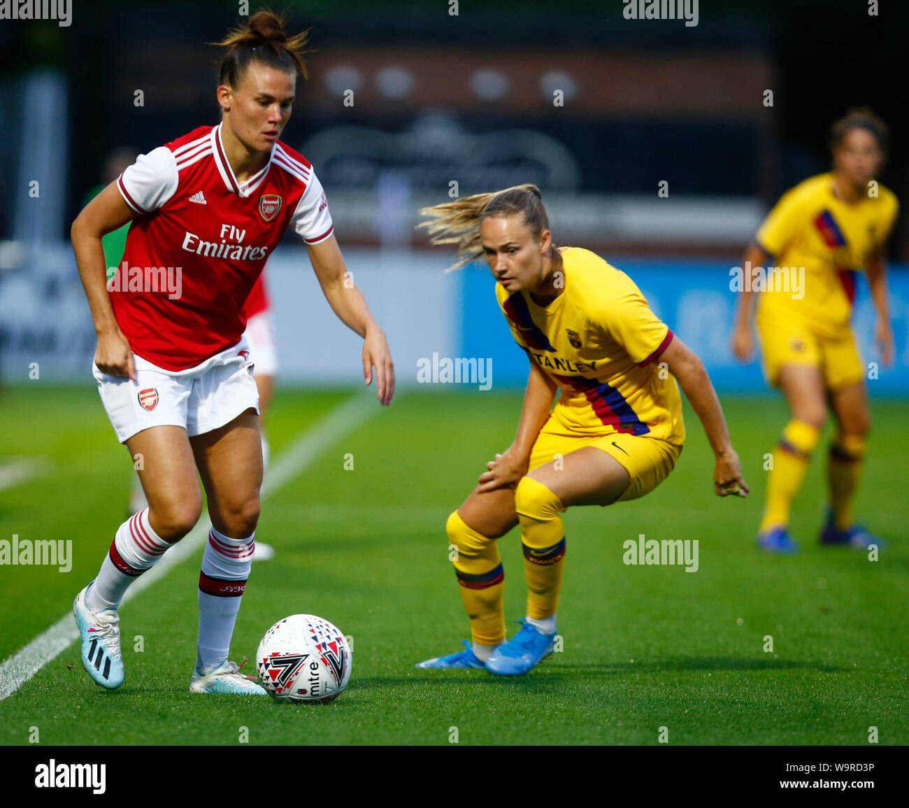 Boreham Wood, UK. 14th Aug, 2019. BOREHAMWOOD, ENGLAND - AUGUST 14: Katrine Veje of Arsenal during the pre-season friendly match between Arsenal and Barcelona Women at Meadow Park on August 14, 2019 in Borehamwood, England. Credit: Action Foto Sport/Alamy Live News Stock Photo