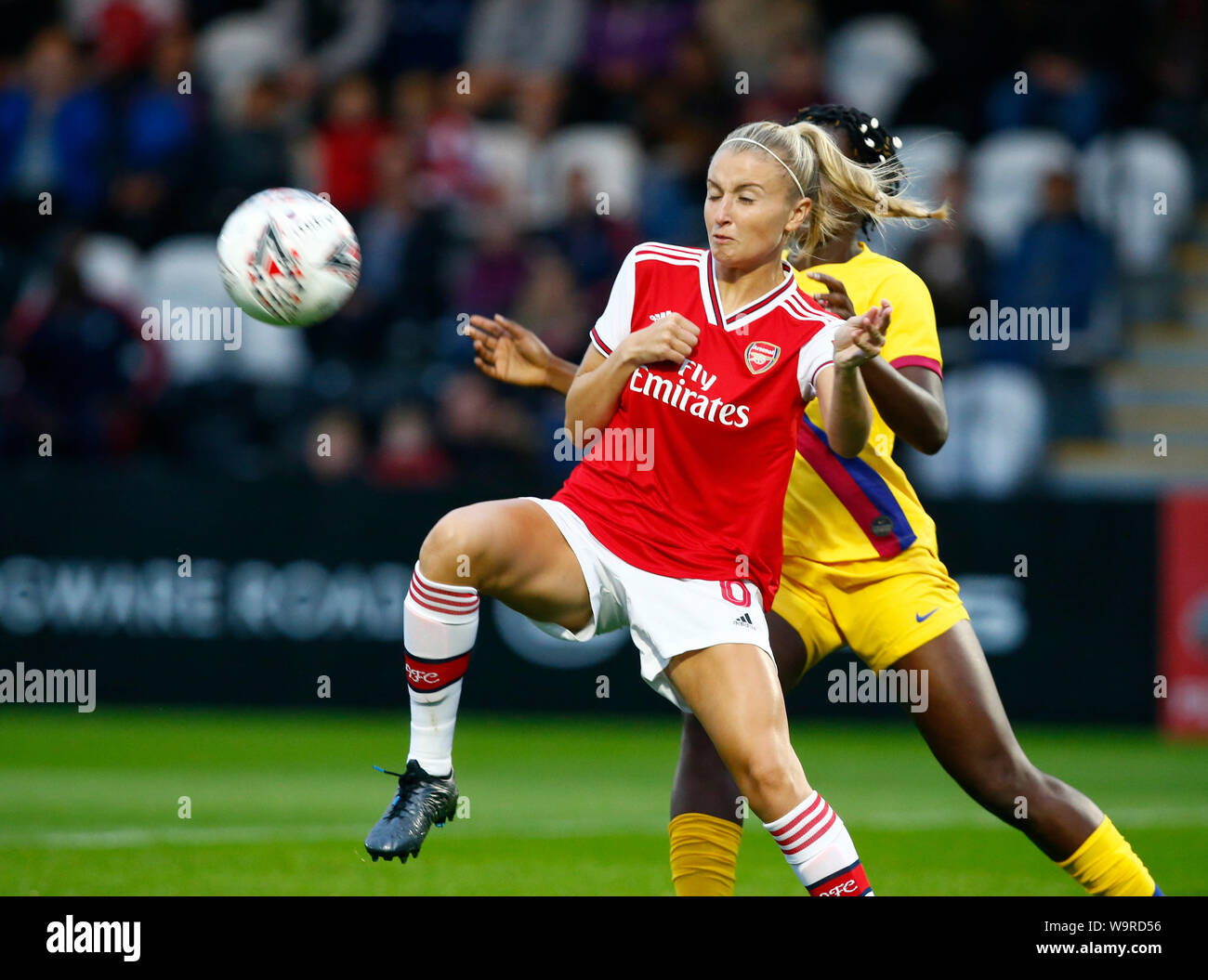 Boreham Wood, UK. 14th Aug, 2019. BOREHAMWOOD, ENGLAND - AUGUST 14: Leah Williamson of Arsenal during the pre-season friendly match between Arsenal and Barcelona Women at Meadow Park on August 14, 2019 in Borehamwood, England. Credit: Action Foto Sport/Alamy Live News Stock Photo