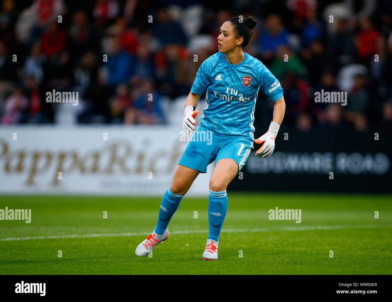 Boreham Wood, UK. 14th Aug, 2019. BOREHAMWOOD, ENGLAND - AUGUST 14: Manuela Zinsberger of Arsenal during the pre-season friendly match between Arsenal and Barcelona Women at Meadow Park on August 14, 2019 in Borehamwood, England. Credit: Action Foto Sport/Alamy Live News Stock Photo
