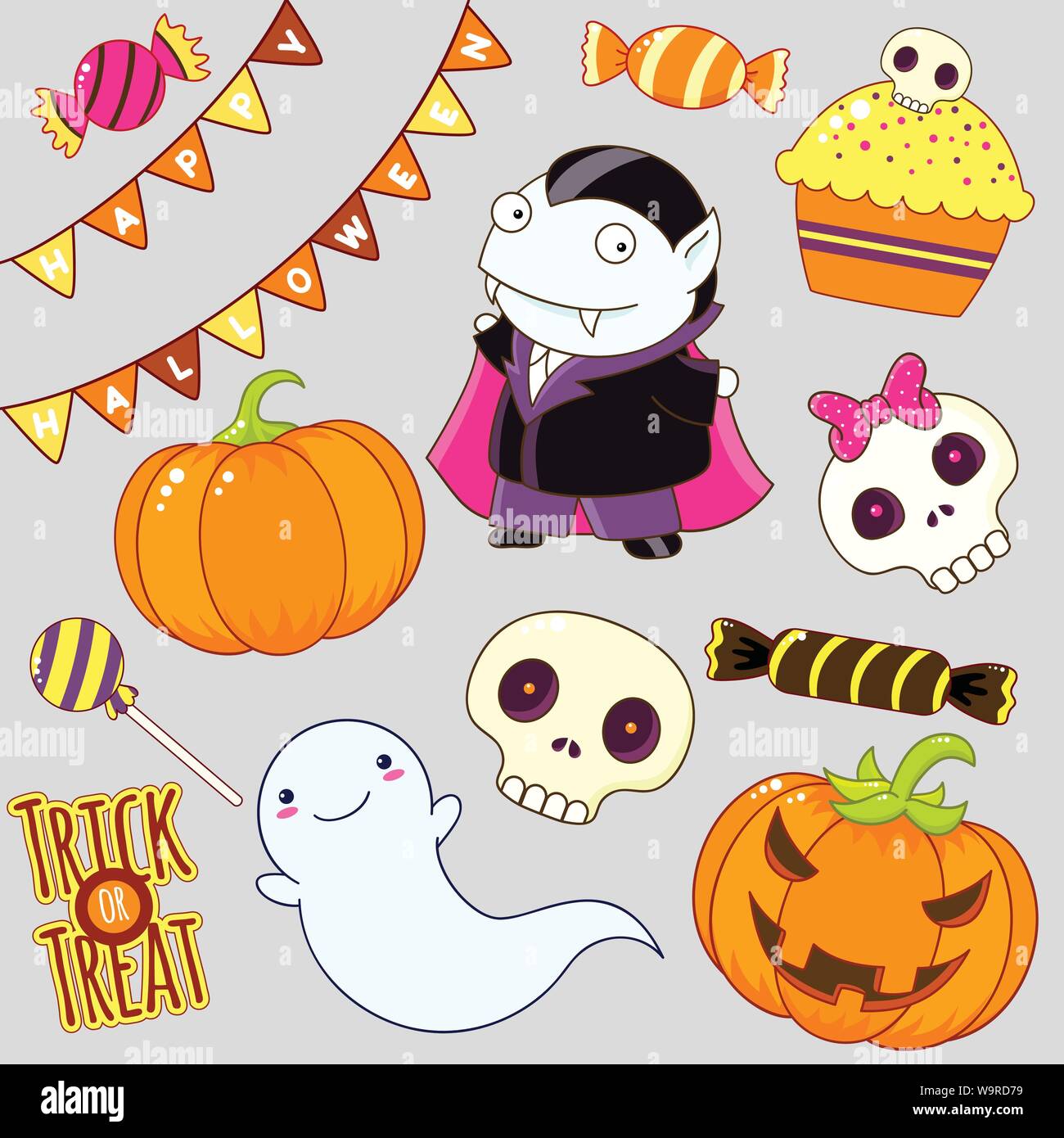 Set of cute Halloween characters and ornaments - vampire, ghost, candy, flags, pumpkin, cake with a sugar skull, sticker with inscription trick or tre Stock Vector