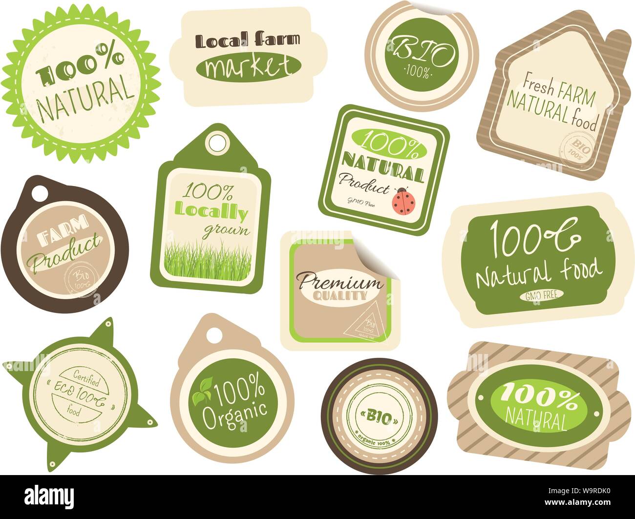 Set of labels and stickers in retro style with letterings for farm food shops. Eco and bio concept. Inscriptions 100% natural, premium quality, certif Stock Vector