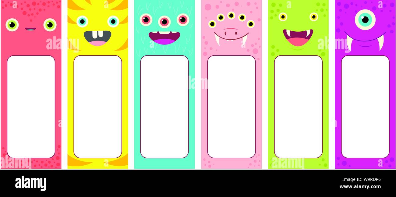 Set of memo pads with cute cartoon monsters faces. Labels for scrapbooking. Vector template card for greeting, decoration, congratulation, invitations Stock Vector