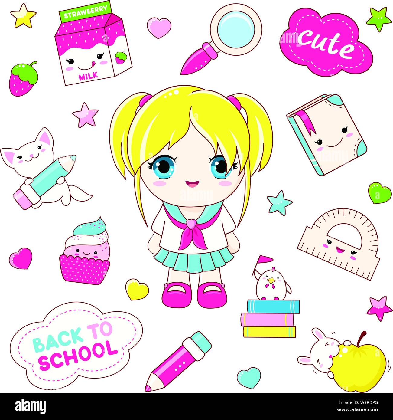 https://c8.alamy.com/comp/W9RDPG/back-to-school-vector-set-of-education-icons-in-kawaii-style-little-school-girl-cat-bunny-book-pencil-apple-ruler-package-of-milk-cupcake-c-W9RDPG.jpg
