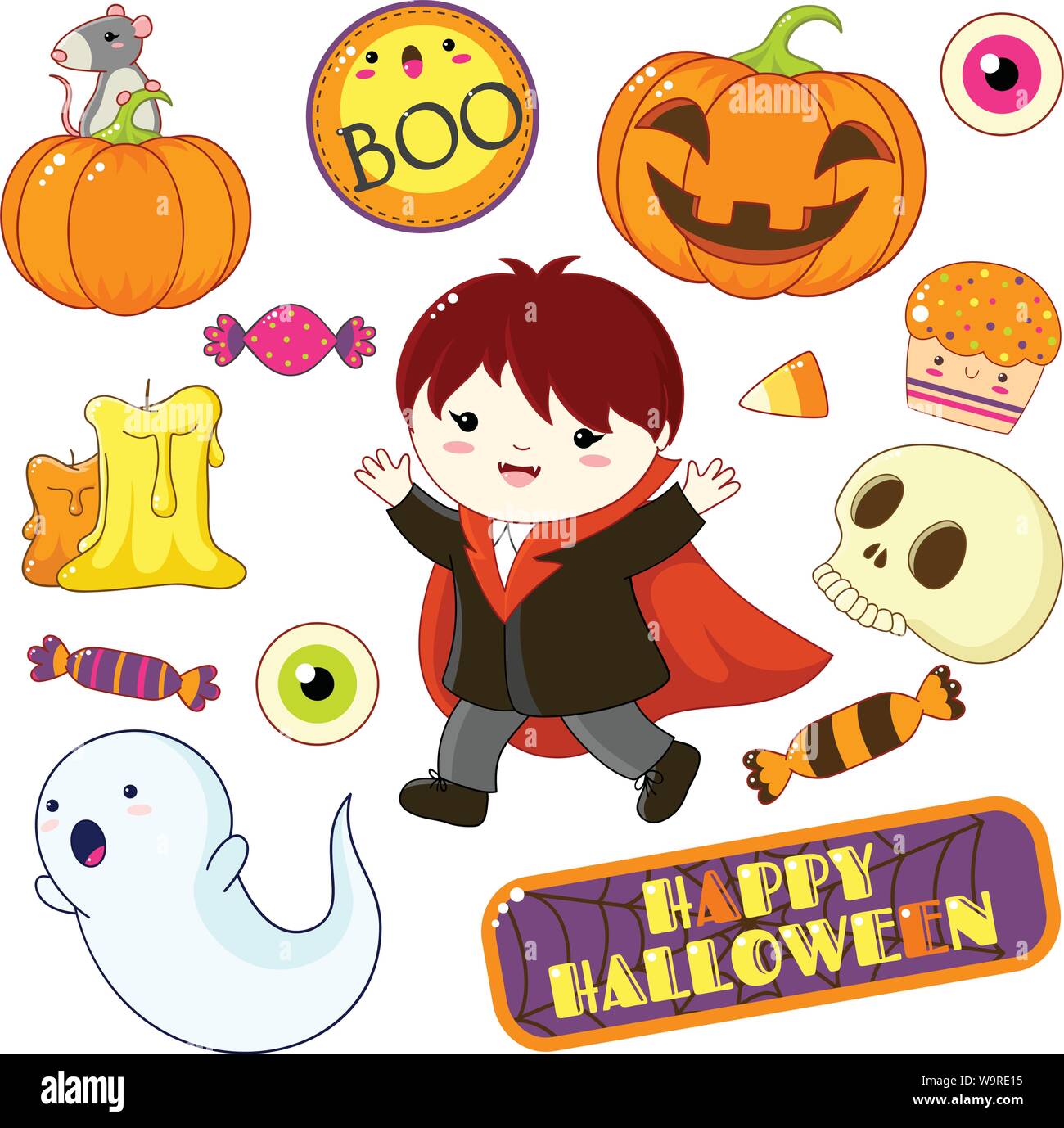 Set of cute Halloween characters and ornaments - boy in vampire costume, ghost, candy, skull, pumpkin, candle, cake, sticker with inscription boo, Hap Stock Vector