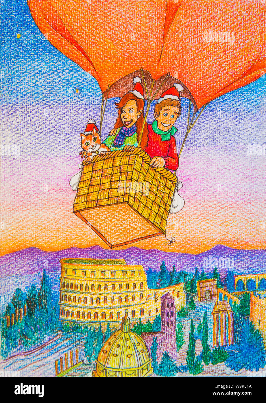 Couple and their cat ballooning over Rome. Illustration. Stock Photo