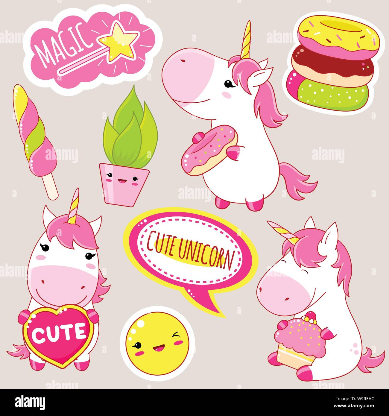 Set of cute unicorns in kawaii style. Unicorn with donut and cake, plant in flowerpot, magic wand, sticker with inscription magic, cute unicors. EPS8 Stock Vector