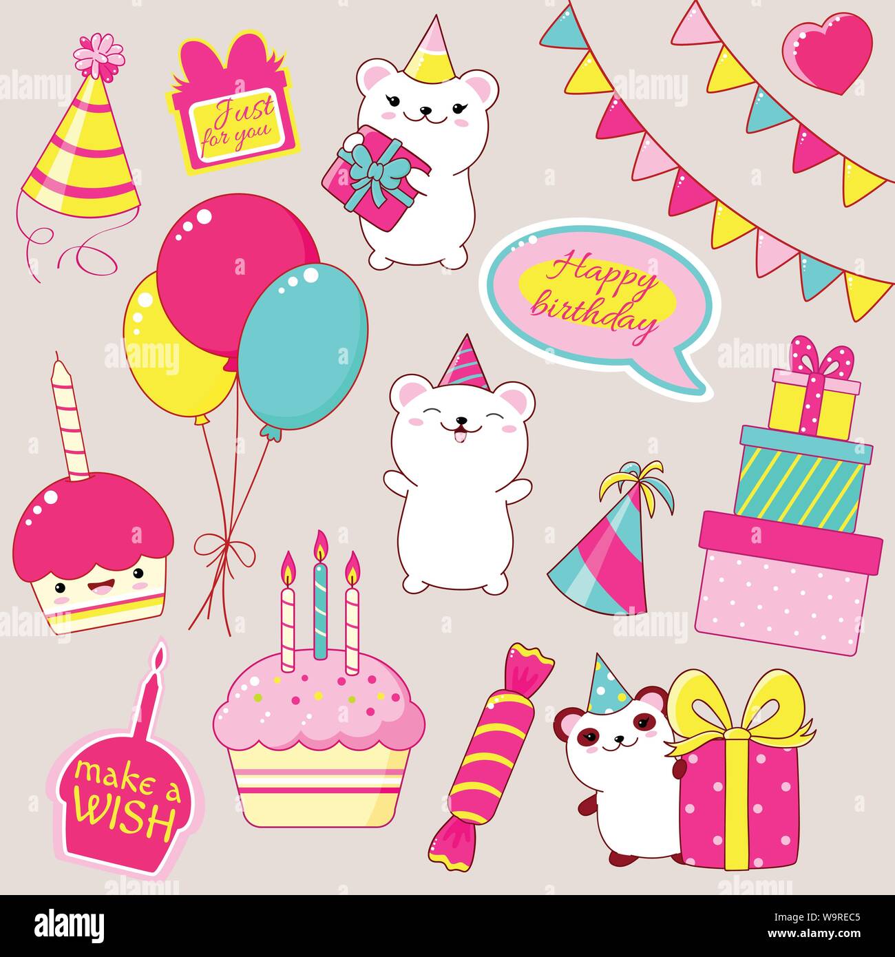 Set of cute Birthday party icons in kawaii style. Polar bear and panda ...