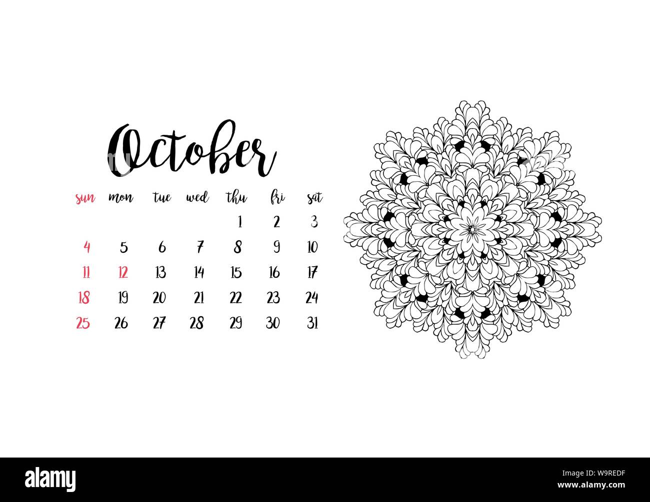 Monthly desk calendar horizontal template 2020 for month October. Week ...