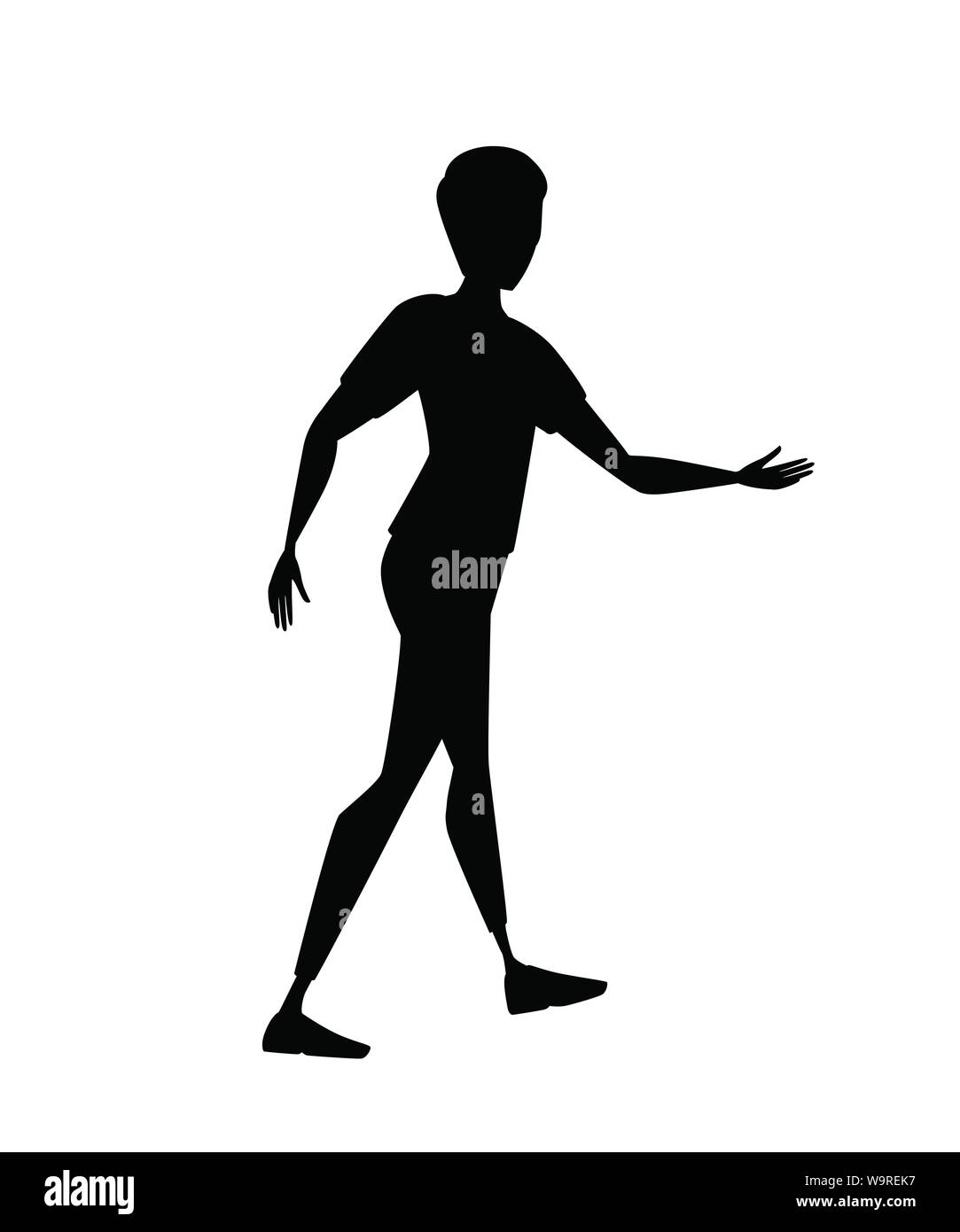 Black silhouette friendly man extends his hand in greeting cartoon character design flat vector illustration isolated on white background. Stock Vector