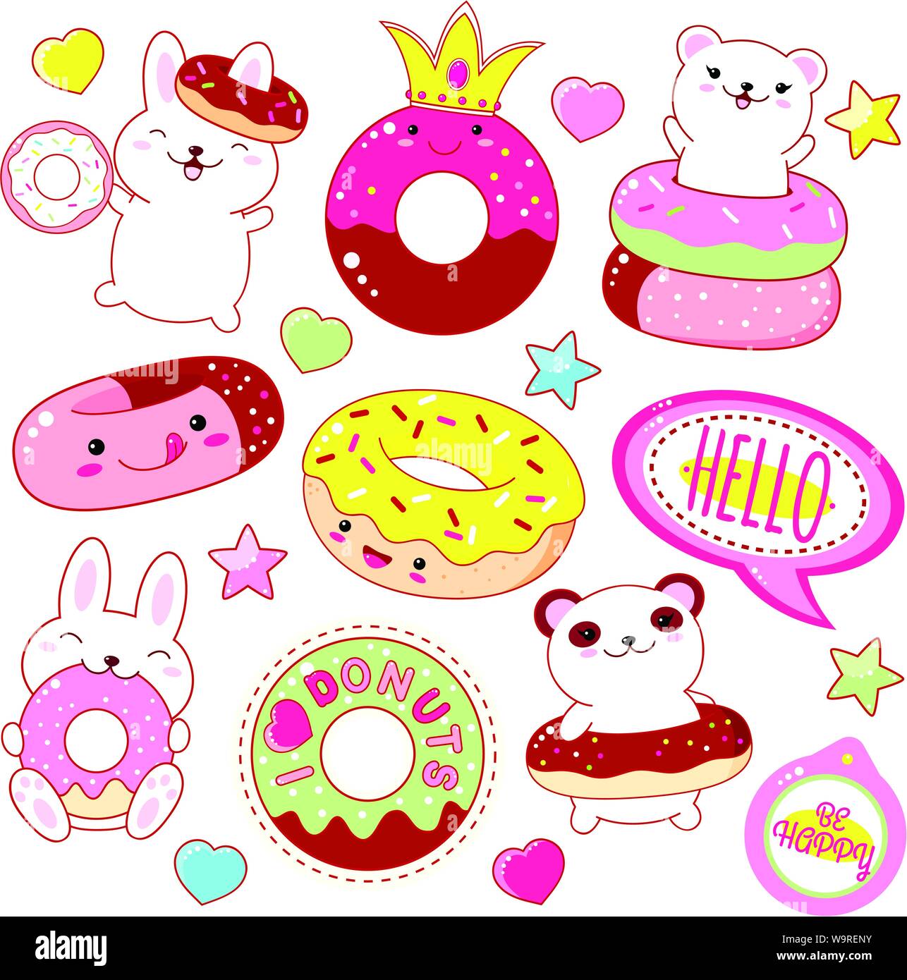Set of cute donut icons in kawaii style with smiling face and pink cheeks for sweet design. Sticker with inscription I love donuts and Be happy. Bunny Stock Vector