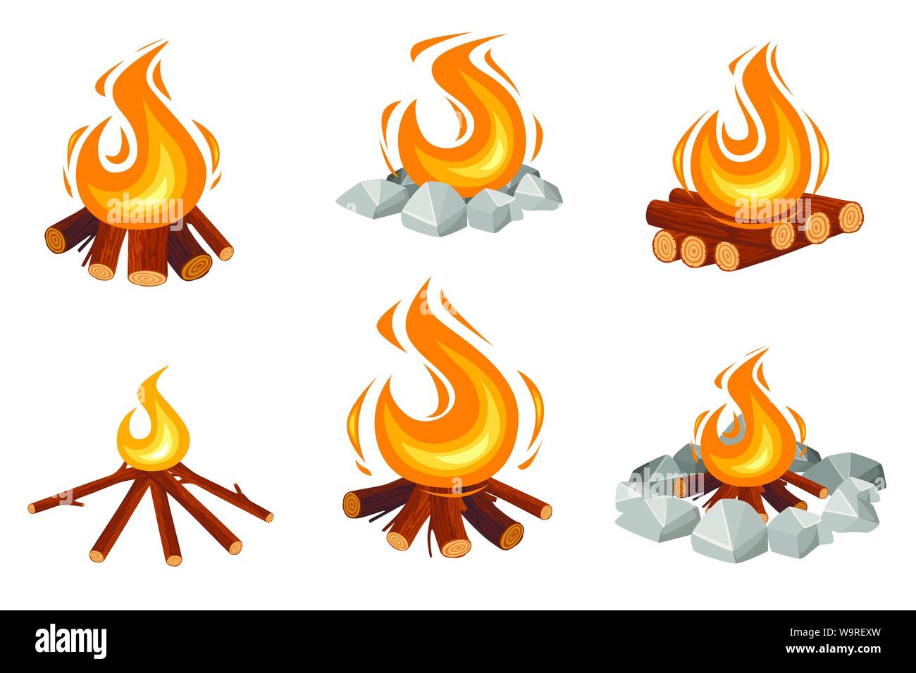 Set of different campfires burning wooden logs and camping stones flat vector illustration isolated on white background. Stock Vector
