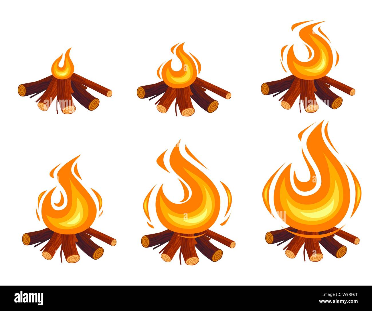 Set of campfire sprites burning wooden logs and camping stones flat vector illustration isolated on white background. Stock Vector