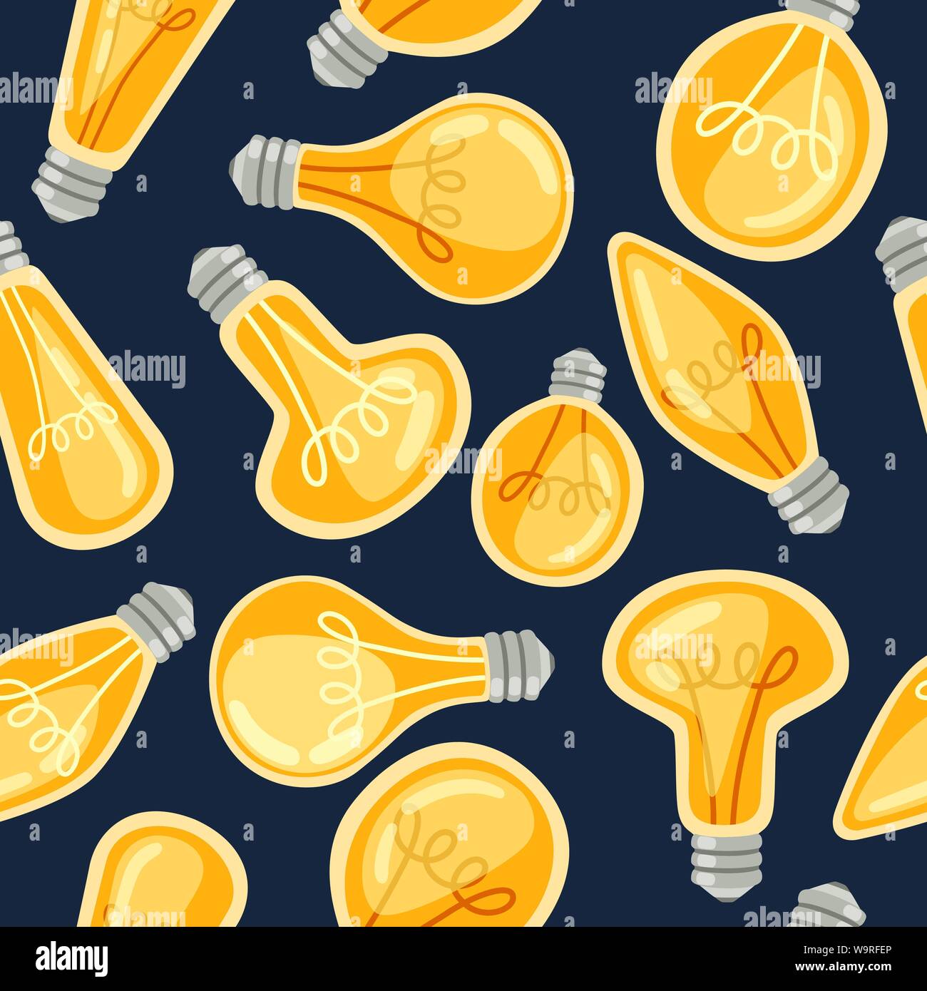 Seamless pattern of flat cartoon incandescent lamps yellow retro light