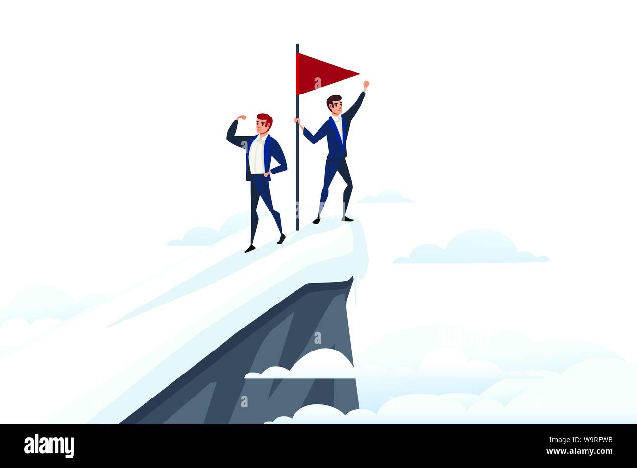 Businessman climbed to the top of the mountain team work concept red ...