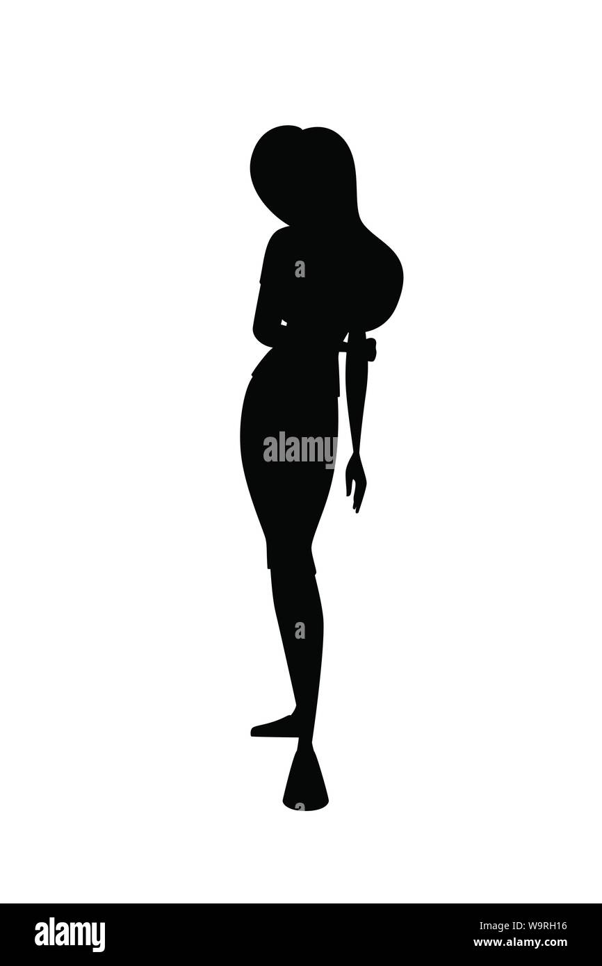 Black silhouette sad redhead girl bent over hand down cartoon character design flat vector illustration isolated on white background. Stock Vector